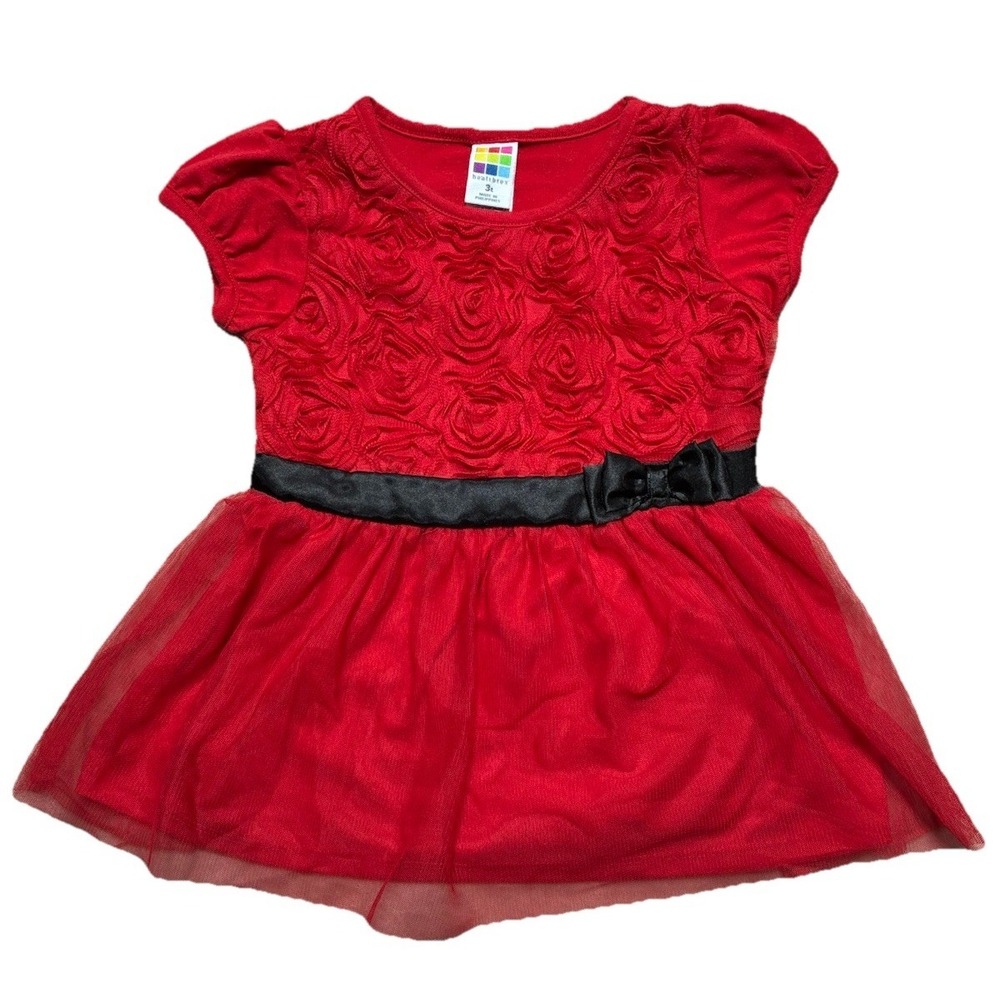 Healthtex Dress‎ Girls 3T Red Flowers Black Bow Vintage